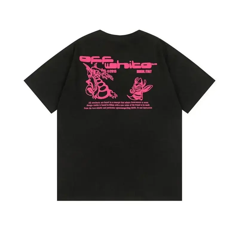 OFF-WHITE Black T - Shirt with Pink Cartoon & Text Back Design