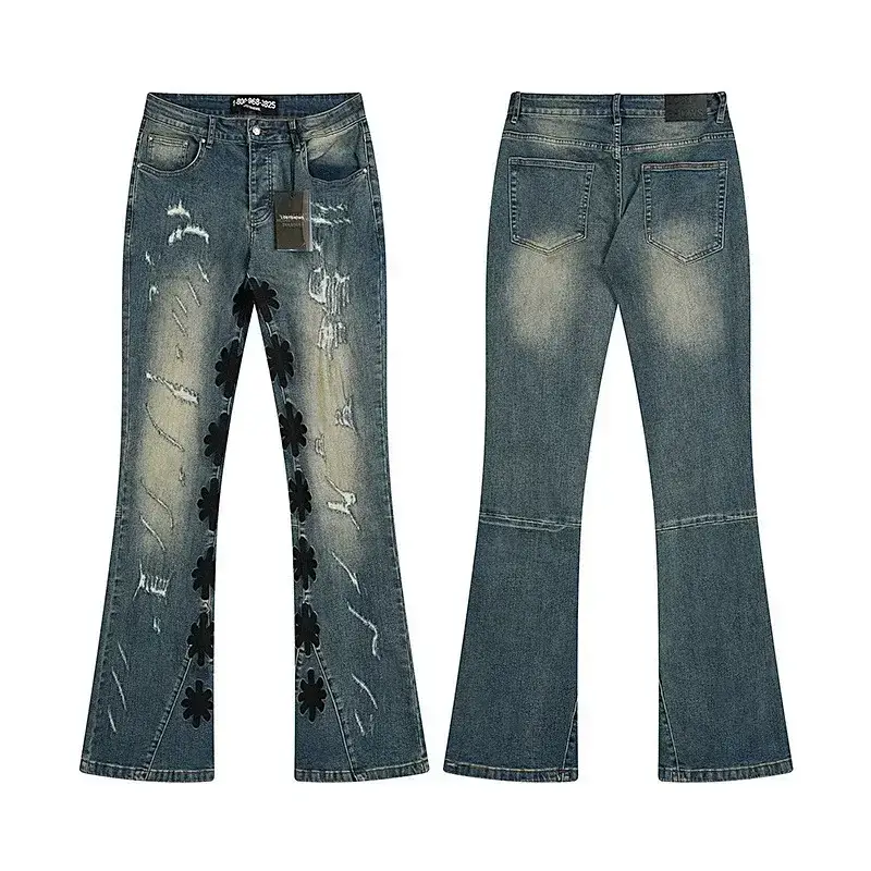 Travis Scott Blue Flared Jeans with Black Flower Embroidery