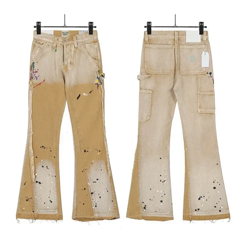 GALLERY DEPT Beige Paint - Splattered Flared Jeans with Distressed Details & Multiple Pockets