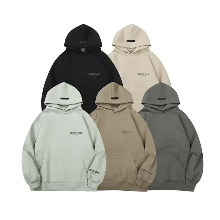 ESSENTIALS Hooded Sweatshirts with Front Pocket & Logo Print (Black/Beige/Light Green/Khaki/Gray)