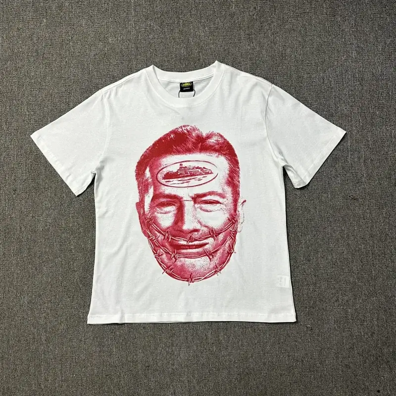 Brand White T - Shirt with Red Face Graphic (Barbed Wire Mouth, Ship on Forehead)