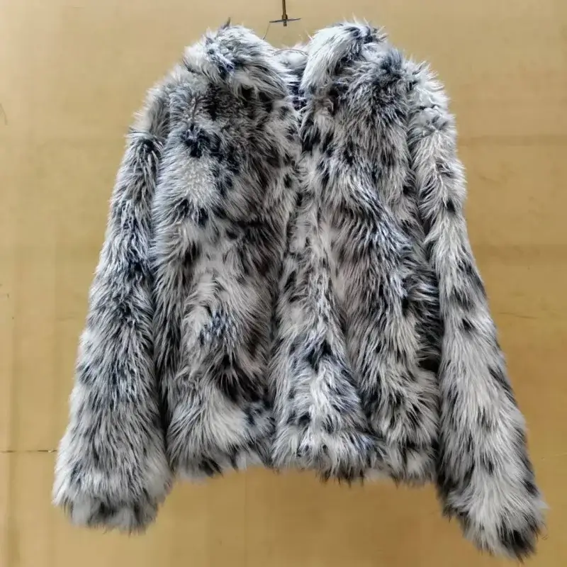 FurChic Gray Black Spotted Fluffy Faux Fur Jacket