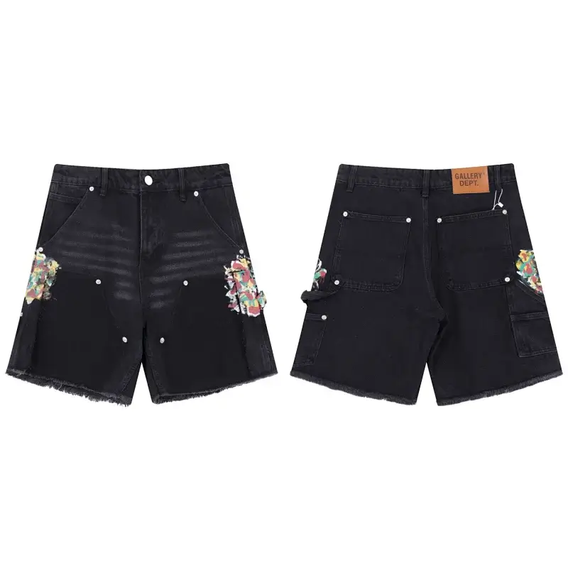 GALLERY DEPT. Black Denim Shorts with Colorful Patches, Rivets, Frayed Hems & Multi - Pockets