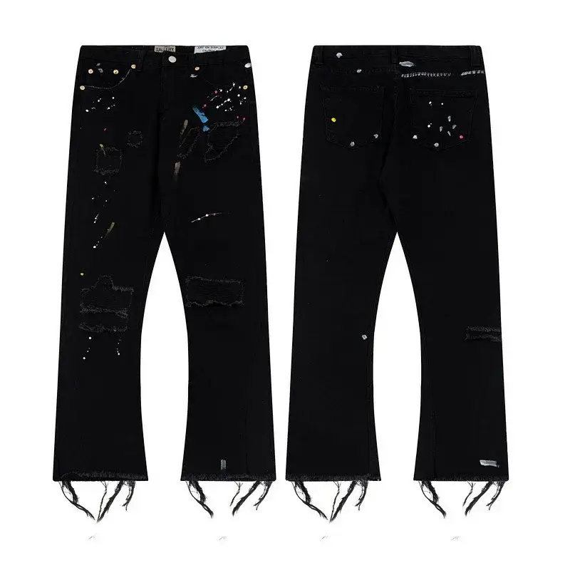 Urban Edge Black Distressed Paint - Splattered Flared Jeans with Fringed Hem