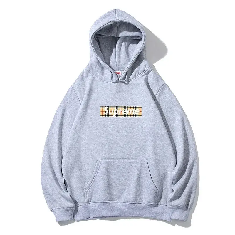 Supreme Light Gray Hoodie with Plaid Logo