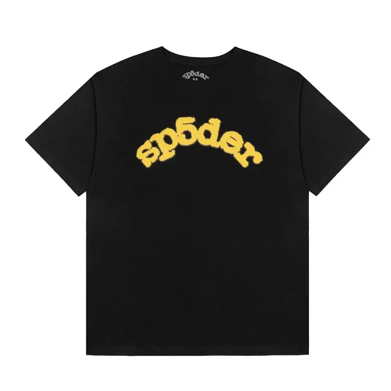 sp5der Black T - Shirt with Yellow Curved Logo Print