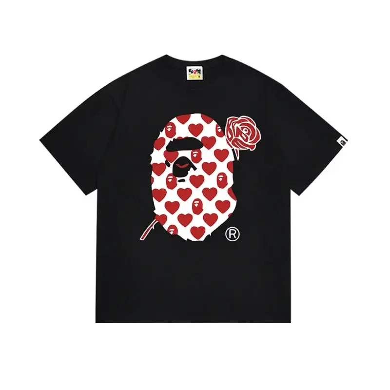 BAPE Black T - Shirt with Red Heart Ape Head & Rose