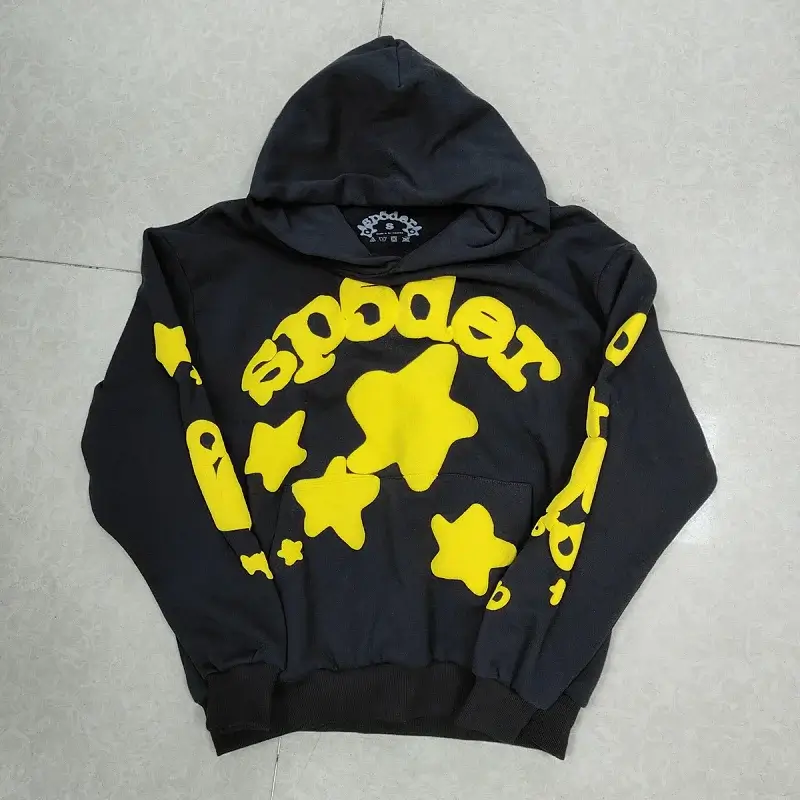 Sp5der Black Hoodie with Yellow Stars & Letters Print