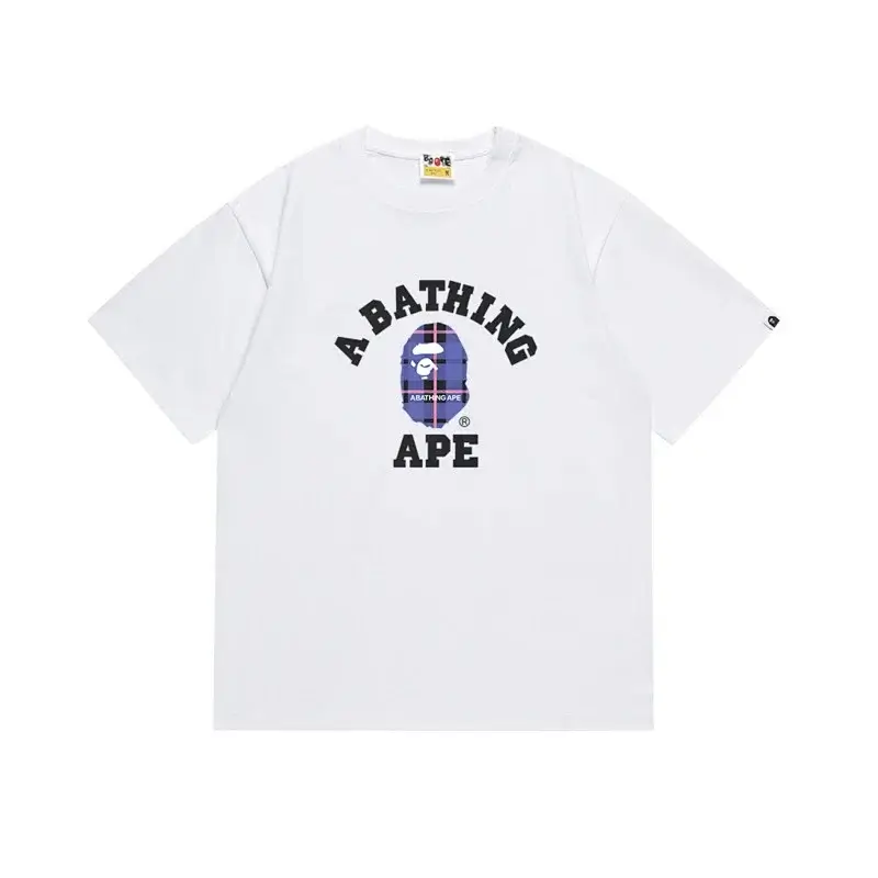 A BATHING APE White T - Shirt with Purple Plaid Ape Head Graphic