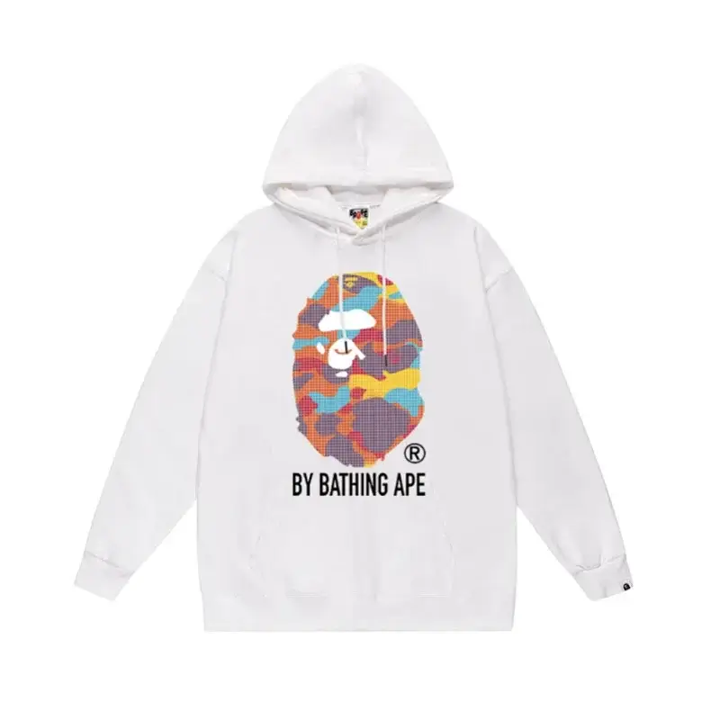 BATHING APE White Hoodie with Colorful Camouflage Ape Head & "BY BATHING APE" Text