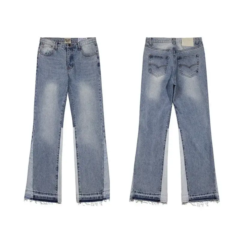 Label Light Blue Side - Paneled Flared Denim Jeans with Fringed Hem