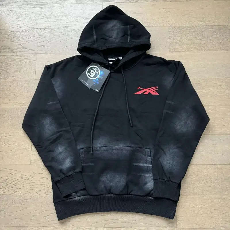 HELLSTAR Black Distressed Hoodie with Red Logo, Drawstring & Kangaroo Pocket
