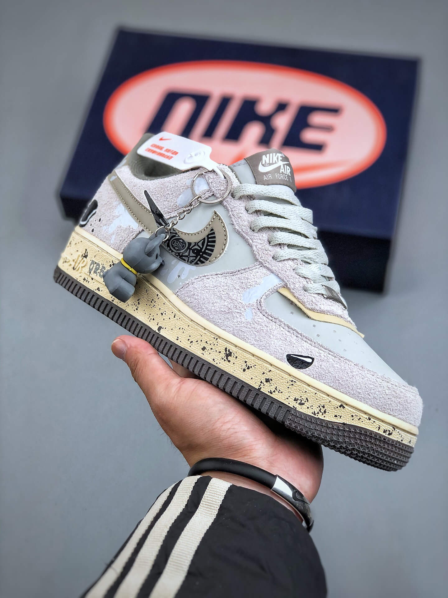 Nike Air Force 1 Custom Gray Distressed Sneakers with Charm
