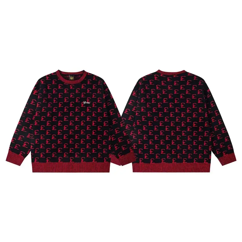 Spider Black and Red All - Over Logo Pattern Crew Neck Knit Sweater