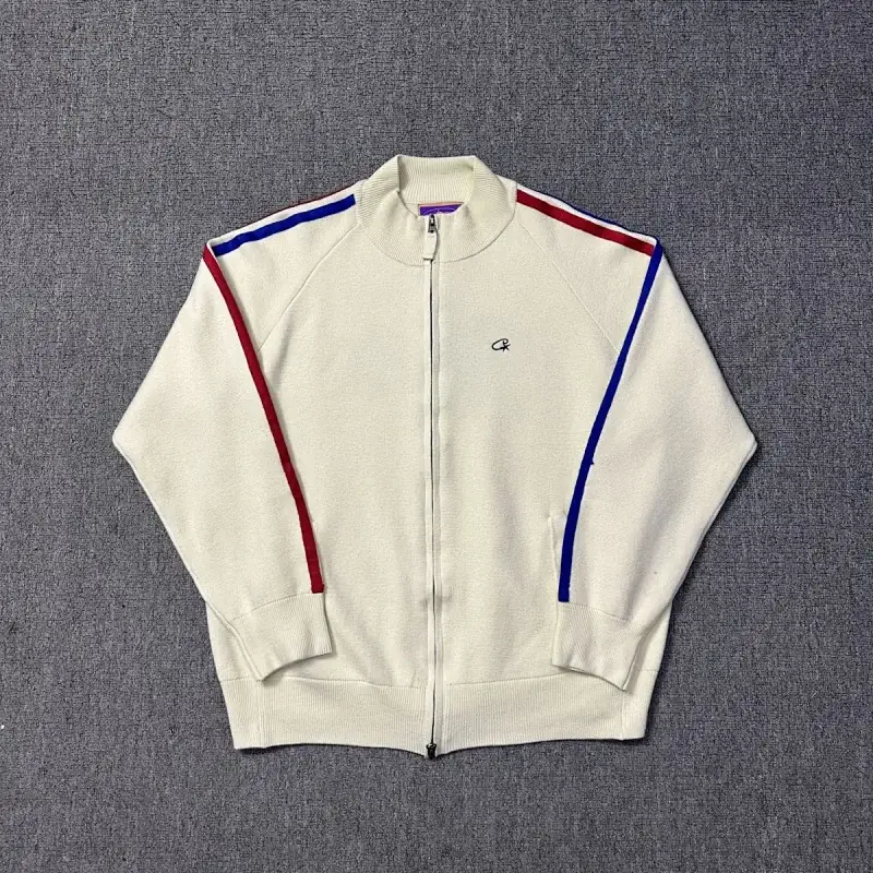 Calvin Klein White Full - Zip Knit Track Jacket with Red & Blue Stripes and Small CK Logo