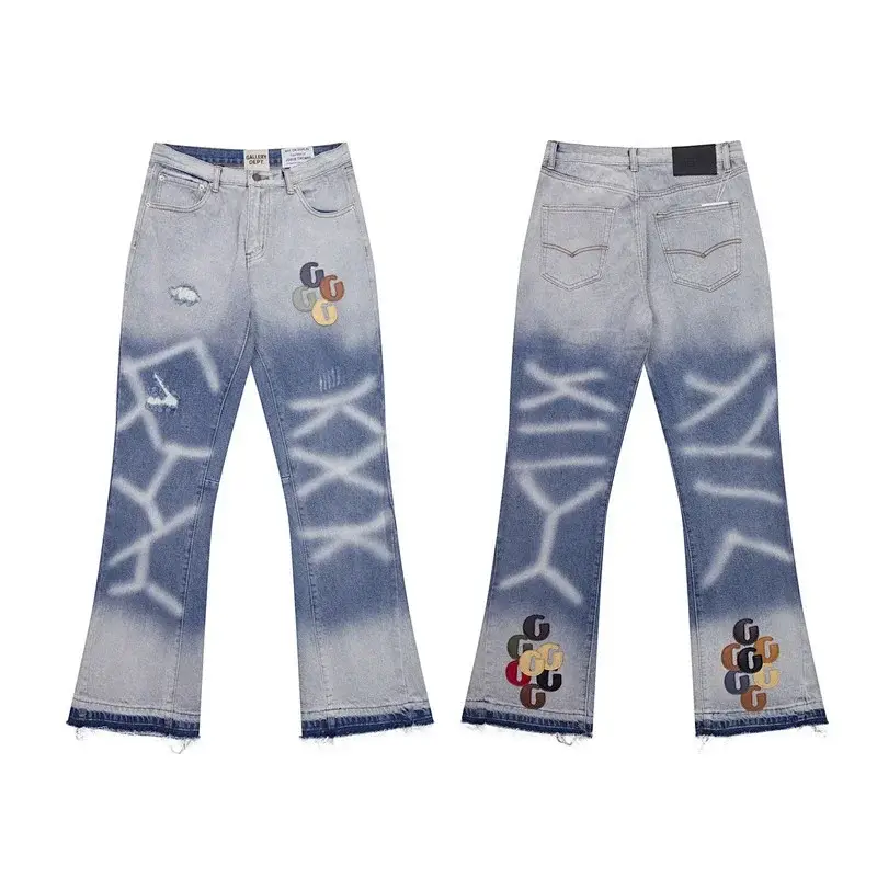 Gucci Light Blue Distressed Flared Jeans with Spray - Painted Graphics & Embroidered GG Logos