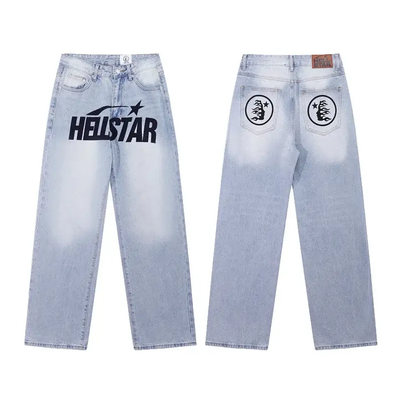 HELSTAR Light Blue Baggy Jeans with Front Logo & Star, Back Pocket Circular Prints