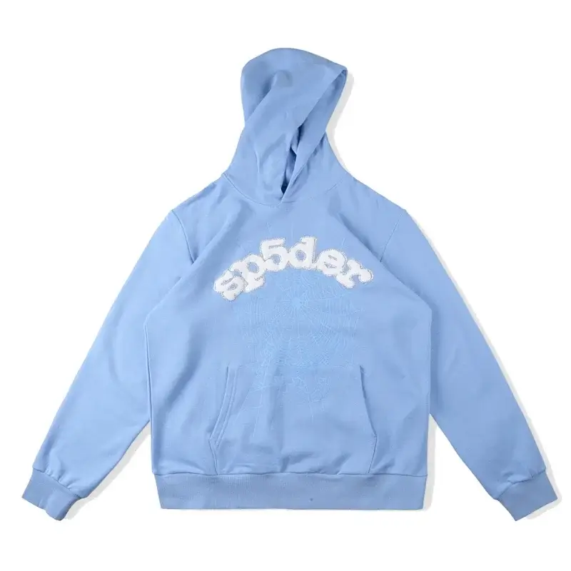 Sp5der Light Blue Hoodie with Sp5der Text, Spider Web Pattern & Kangaroo Pocket