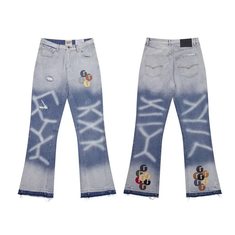 Gucci Light Blue Gradient Graffiti Distressed Flared Jeans with Colorful GG Embroidery & Frayed Hem