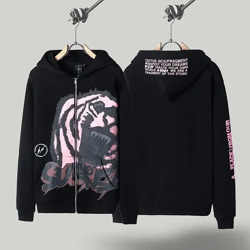 Cactus Jack Black Zip Hoodie with Pink Tiger