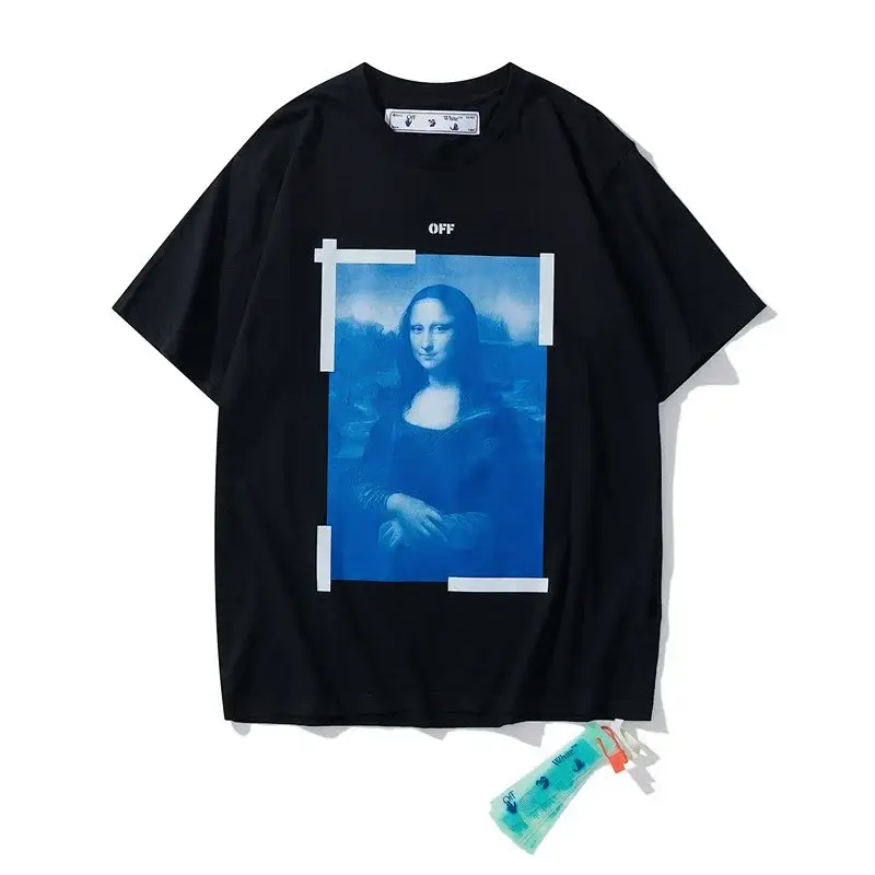 OFF-WHITE Black T - Shirt with Blue Mona Lisa Print & White Borders