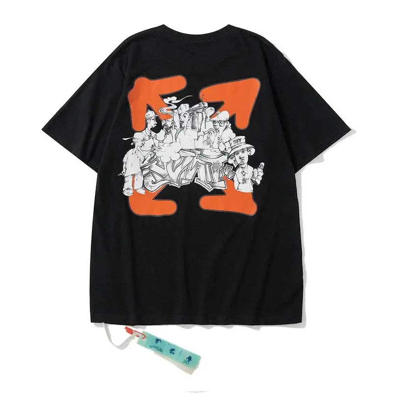 OFF-WHITE Black T - Shirt with Orange Arrows & Cartoon Characters Graphic