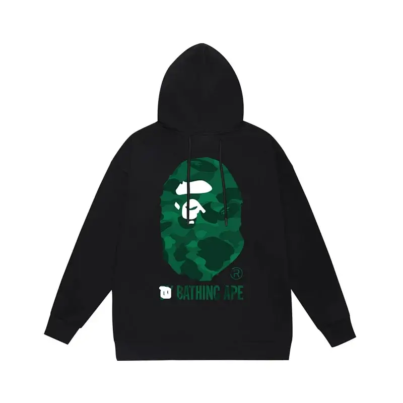 BATHING APE Black Hoodie with Green Camo Ape Head Logo
