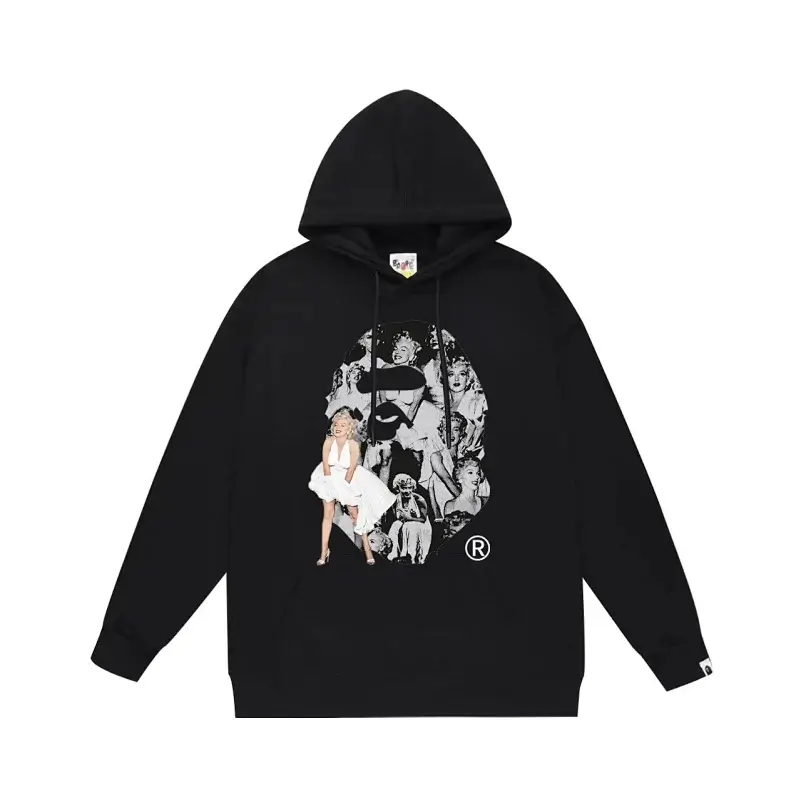 A BATHING APE Black Hoodie with Marilyn Monroe & Ape Head Graphic