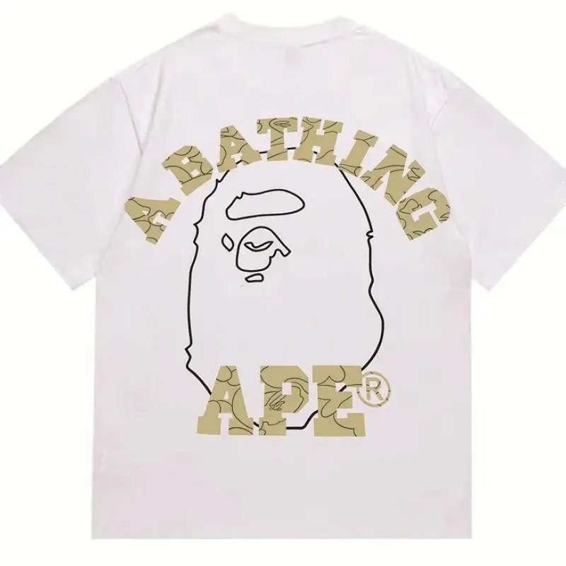 A BATHING APE White T - Shirt with Back Big Ape Head Outline & Camouflage Text