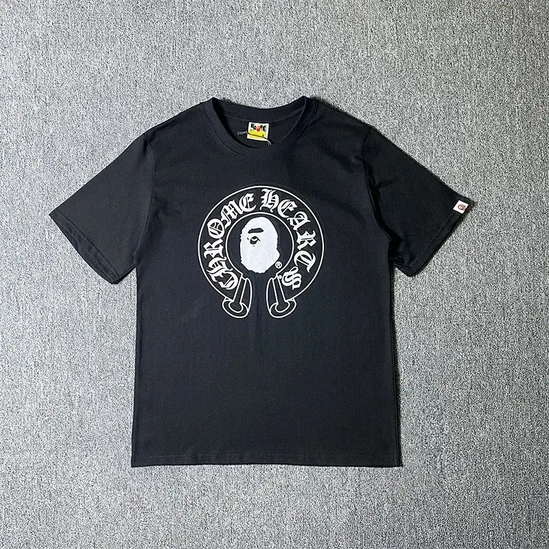 BAPE Black T - Shirt with Ape Head & Chrome Hearts - Style Horseshoe Graphic