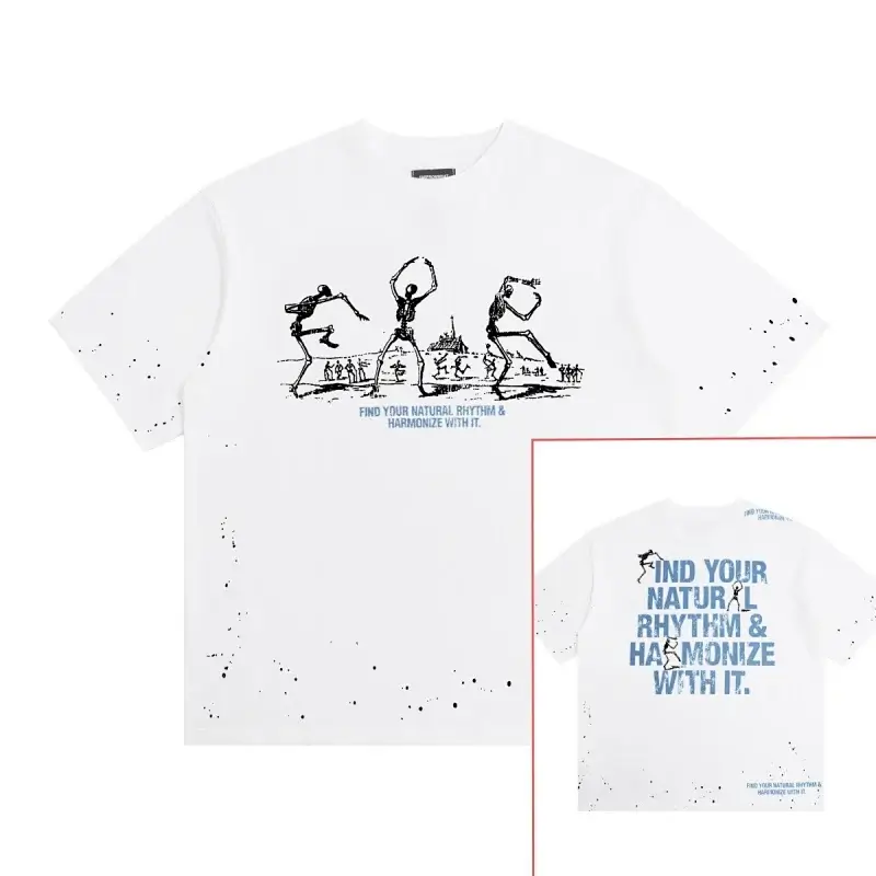 FindYourRhythm White Skeleton Dancing Print Splatter Paint T - Shirt with Front & Back Text