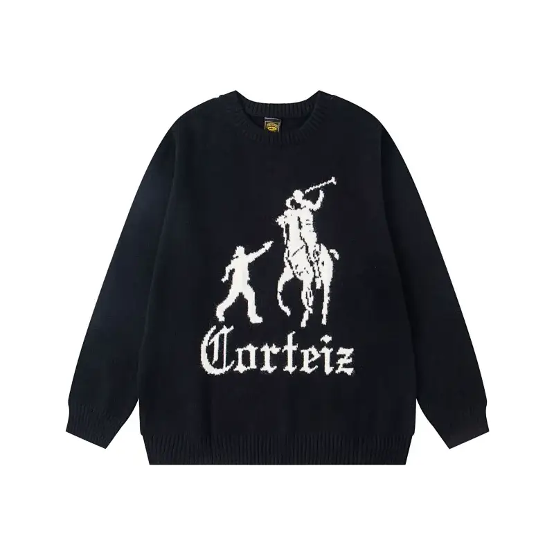 Carteiz Black Crewneck Sweater with Polo Player & Figure Graphic