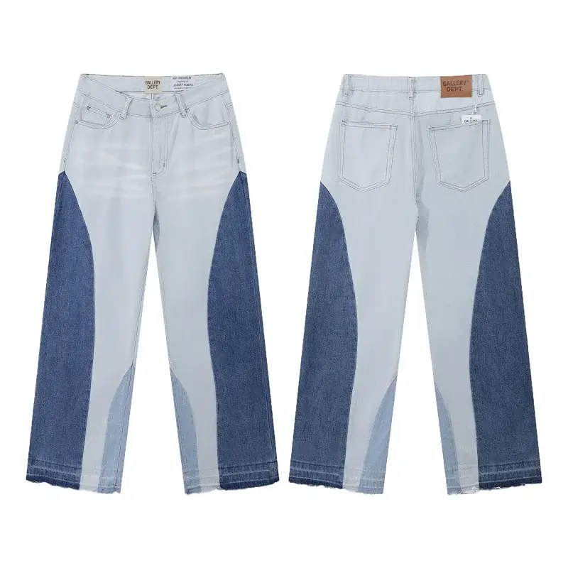 GALLERY DEPT. Light Blue & Dark Blue Color - Blocked Wide - Leg Frayed - Hem Jeans