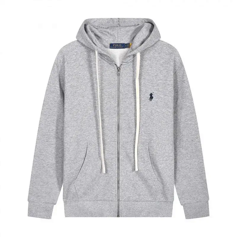 Polo Ralph Lauren  Gray Hooded Zip - up Sweatshirt with Embroidered Pony Logo, Drawstrings and Pockets