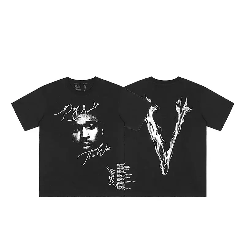 VLONE Black T - Shirt with Pop Smoke The Woo Print & Flame V Graphic
