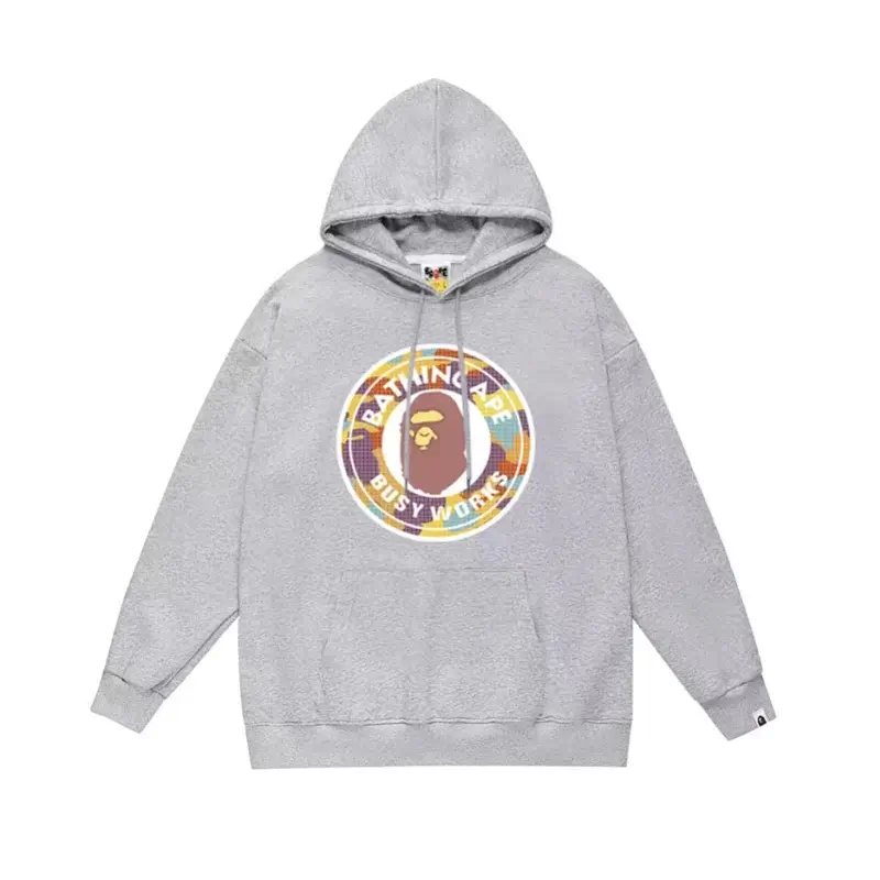 Bathing Ape Gray Hoodie with Ape Head & "BUSY WORKS" Camo Circle Logo