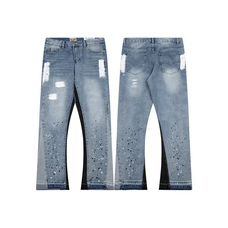 MISBHV Light Blue Paneled Paint - Splatter Distressed Flare Jeans