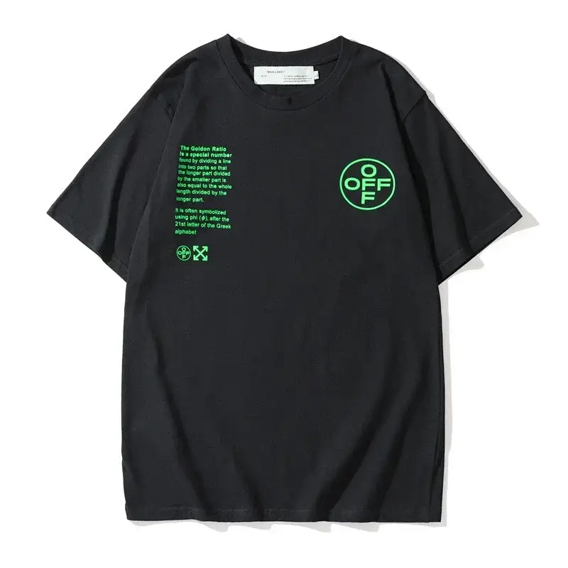 OFF-WHITE Black T - Shirt with Green Text, Circular OFF Logo & Golden Ratio Print