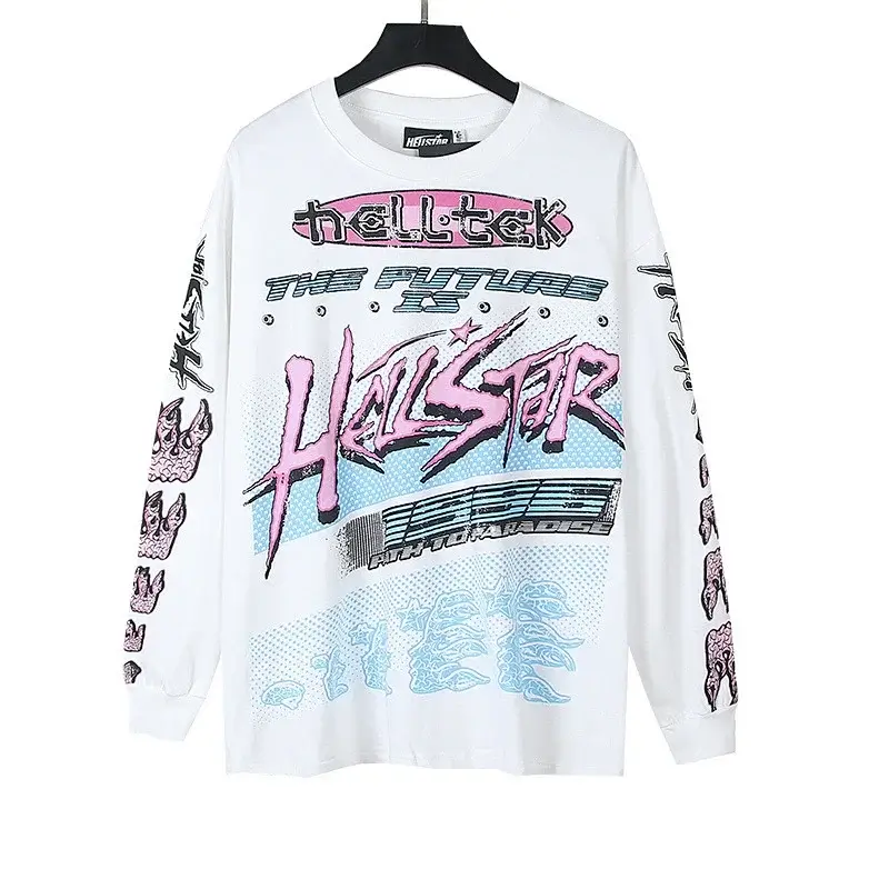 HELLSTAR White Retro - Futuristic Graffiti Printed Long Sleeve T - Shirt