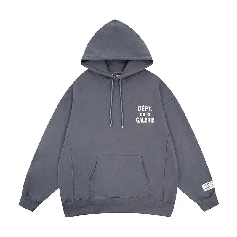 Galerie Gray Hooded Sweatshirt with Front "DÉPT. de la GALERIE" Print, Kangaroo Pocket & Cuff Label