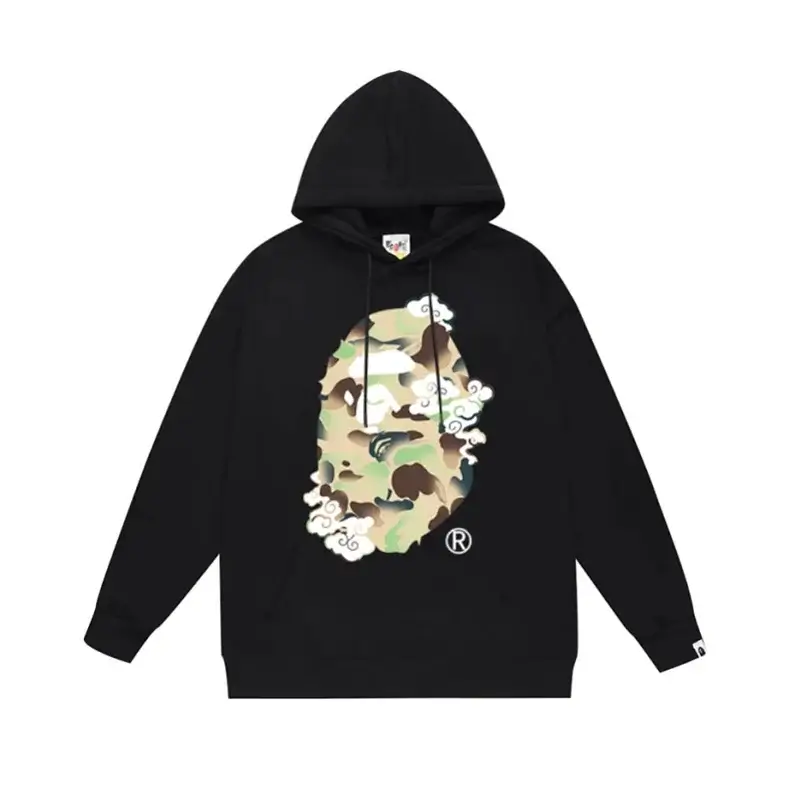 BAPE Black Hoodie with Camouflage Ape Head & Cloud Patterns