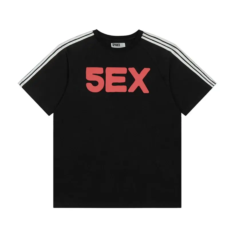 SPAKI Black T - Shirt with Red "5EX" Print and White Stripes on Sleeves