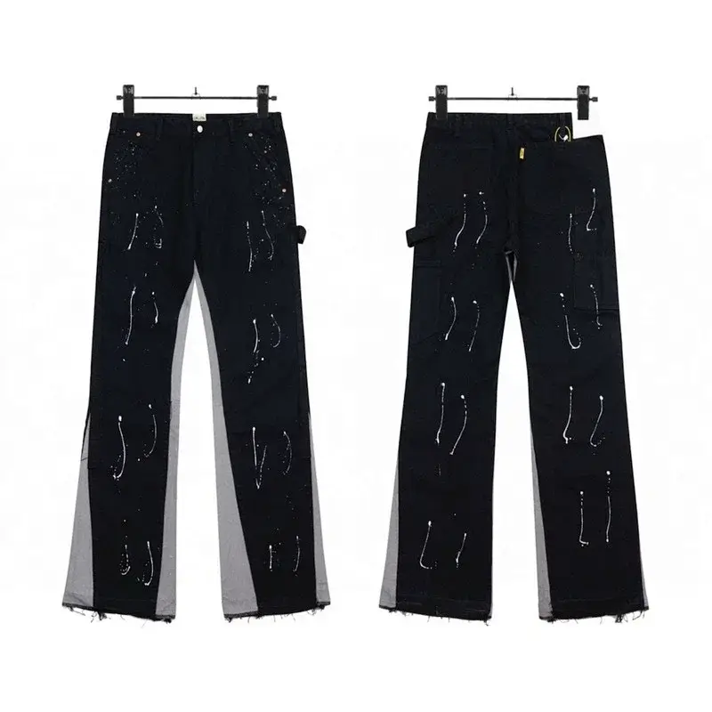 High Street Black Flared Cargo Pants with Gray Side Panels, White Paint Splatters, Cargo Pockets & Frayed Hem