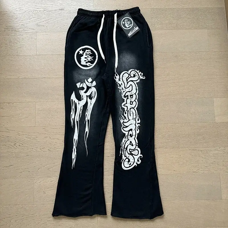 HELLSTAR Black Flared Sweatpants with White Graphic (Om, Artistic "MELTED" Text, Logo)