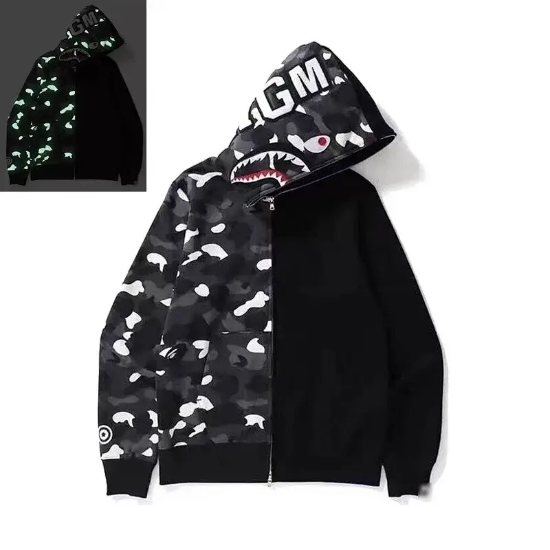 BAPE Black Glow In The Dark Camo Shark Half Zip Hoodie