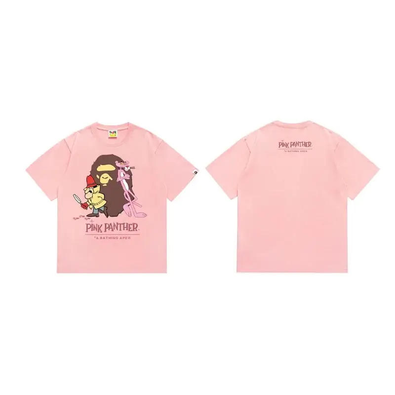 A BATHING APE x PINK PANTHER Pink Short - Sleeve T - Shirt with Cartoon Graphic