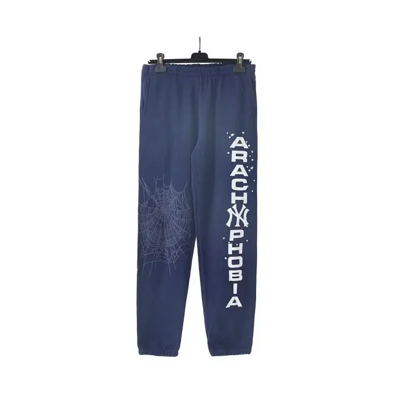 ARACHNOPHOBIA Navy Blue Sweatpants (Spider Web + Vertical Text Print)