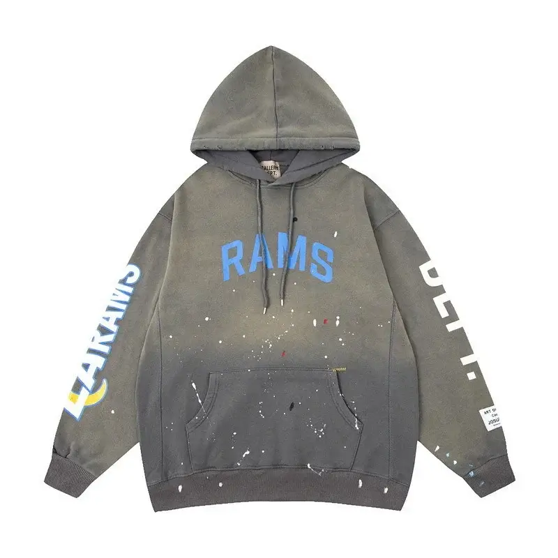 RAMS Dark Gray Gradient Distressed Paint - Splattered Hoodie with Sleeve Graphics & Kangaroo Pocket