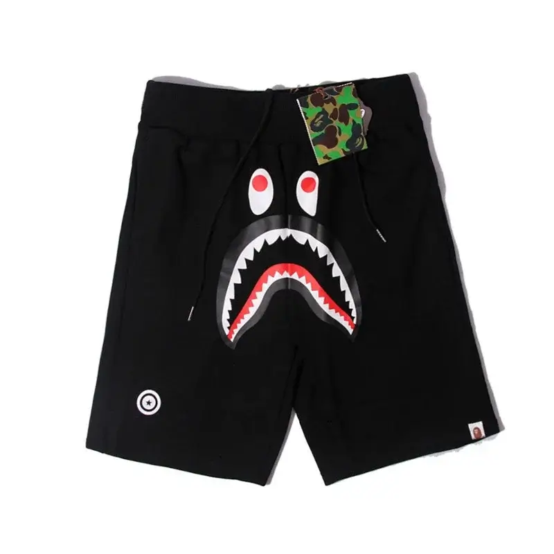 BAPE Black Shark Mouth Pattern Shorts with Drawstring & Logo Details
