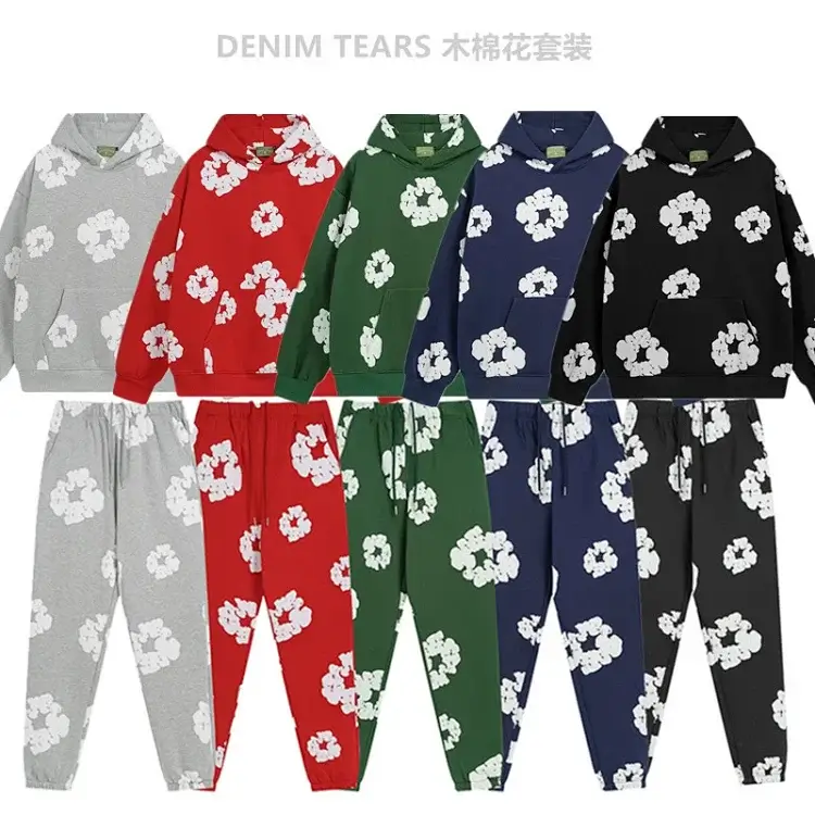 DENIM TEARS Cotton Flower Print Hoodie & Sweatpants Set (Grey/Red/Green/Navy/Black)